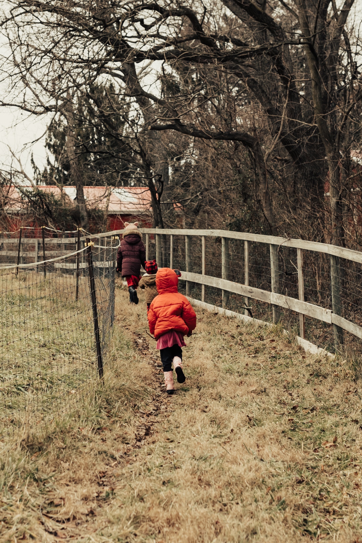Three farm children walking together down a muddy path beneath bare trees toward a red barn.
