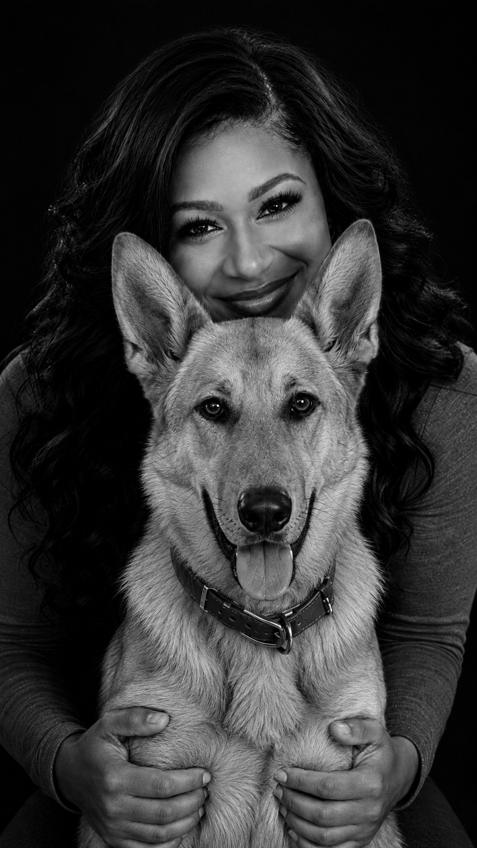 Victoria Vaden King with her dog in a black-and-white studio portrait.