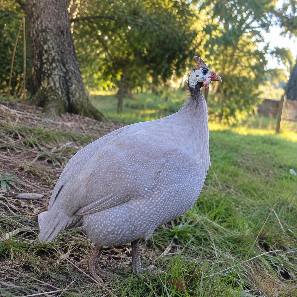 AI illustration of a lavender guinea fowl with pale silvery spotted plumage standing at a grassy woodline.