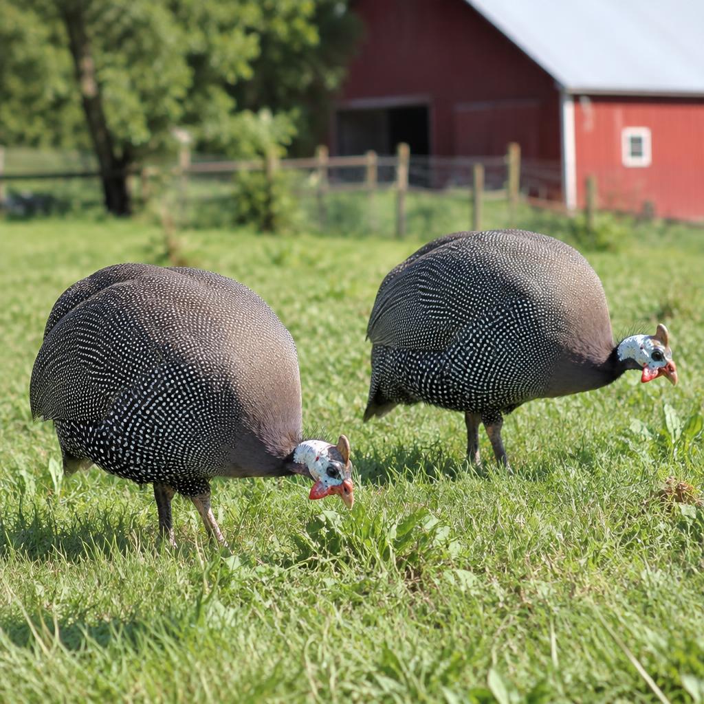 AI illustration of two pearl grey guinea fowl with white-spotted plumage foraging in a pasture near a red barn.