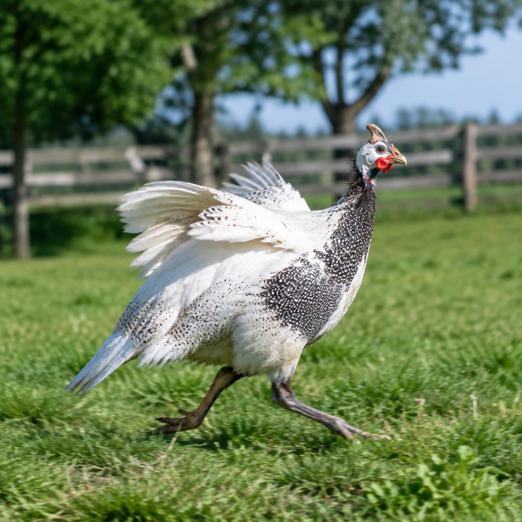 AI illustration of a white and pied guinea fowl running across a pasture with its wings lifted.